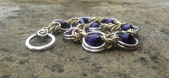 Purple Striped Agate Faceted Chainmaille Bracelet