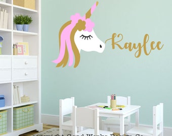 Unicorn monogram wall decal - girls name personalized unicorn wall decal - unicorn monogram wall decal
