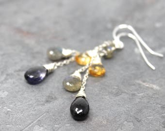 Multi Gemstone Earrings Sterling Silver Iolite Citrine Labradorite Cascade Dangle Earrings