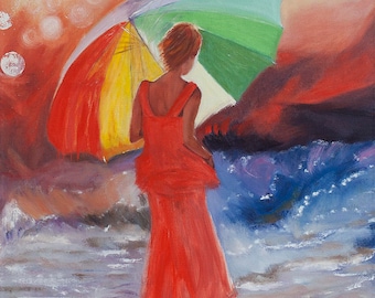 Girl with umbrella. Oil origin painting
