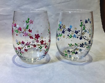 Set Of 2 Hand Painted Glasses - Cherry Blossom - Stemless Wine Handpainted Glass Glassware