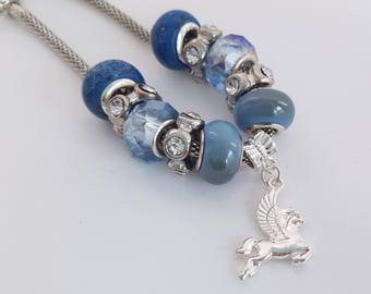 Pegasus Charm Bracelet - Blue and White Beads - Gifts under 20 - Valentine's Birthday Teacher Gift - Gifts for Women - Mother's Day