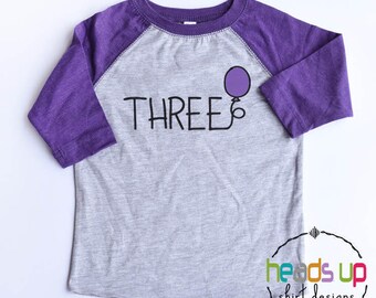 Three Birthday Shirt Toddler Girl or Boy - 3rd Birthday Balloon Raglan tshirt Kids - Third Bday Tee Girl/Boy - Trendy 3 Birthday Gift Hip