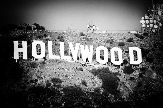 Hollywood Sign Photograph Black and White Photography