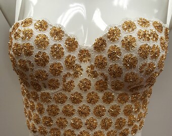 Beaded half bustier corset longline bra top in white gold combination color free shipping.