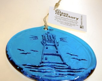 Recycled Lighthouse suncatcher, aqua lighthouse ornament, window art