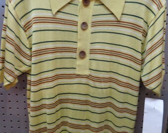 VINTAGE 1970's Men's AKINSON Short Sleeve Yellow Striped Knit Shirt (available)