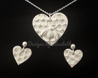 Silver Bee Necklace ~ Honey Bee Pendant ~ Bumble Bee Pendant ~ Bee Necklace and Earrings Set