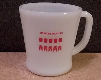 Fire King Milk Glass Coffee Mug with Red Parade Design Vintage Anchor Hocking Collectible Cup