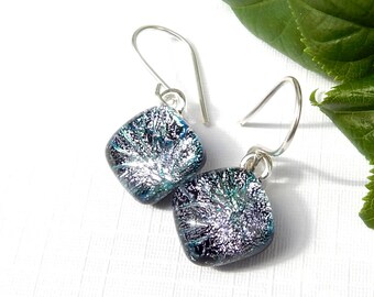 Silver Firework Dichroic Glass Drop Earrings, Small Square Art Glass Dangle Earrings on 925 Sterling Silver Earwires, Fused Glass Jewellery