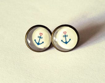 Navy anchor and heart Stud Earrings