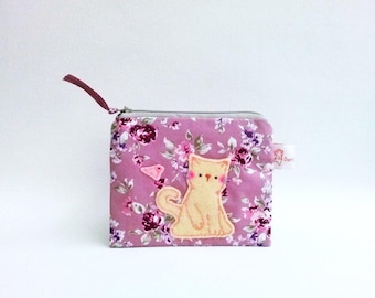 Rose pouch, cat pouch, small change pouch, cat coin purse, handmade pouch, zipper wallet, gift for friend, cute coin purse, coin purse,pouch