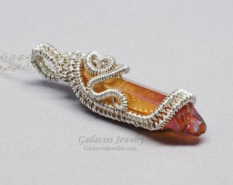 Rainbow Peach Quartz Crystal Point and Sterling Silver Heady Wire Wrapped Necklace Pendant