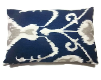 Decorative Lumbar Pillow Cover Navy Blue White Taupe Ikat Design Same Fabric Front/Back Toss Throw Accent 12x18 inch x