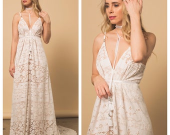 Wedding Dress, Boho Wedding Dress, Lace wedding dress, v back wedding dress, halter wedding dress, beach wedding dress, bohemian wedding