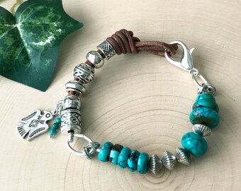 Turquoise Silver Bracelet, Custom Leather Bracelet, Sundance Style Southwestern Jewelry, Artisan Stacking Bracelet, Valentine's Day Gift