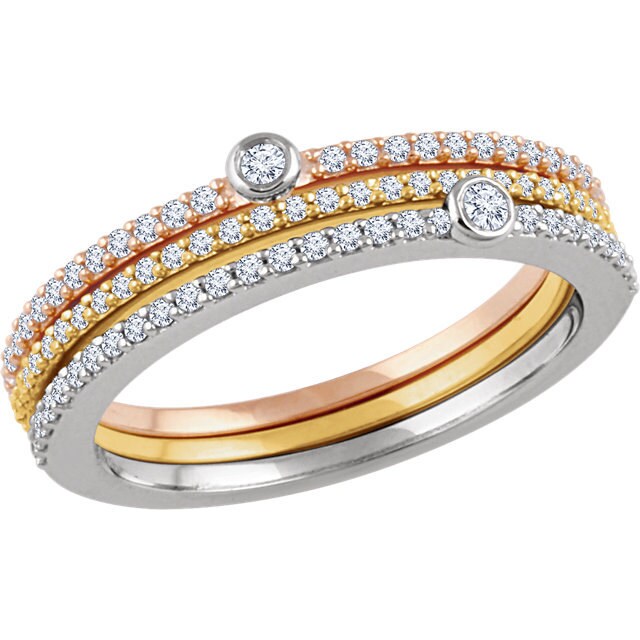 14kt Tri-color Gold & Diamond Stacking Ring Set Rose Yellow