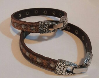 GenuineLeather couples bracelet set, Italiangenuine leather with studs cuff set, Unisex Leather friendship cuff set
