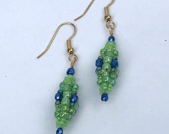 Green Blue Earrings Beadwork Earrings Seed Bead Earrings Beadwoven Earrings Green Blue Dangles Blue Beaded Earrings Blue Dangle Earrings
