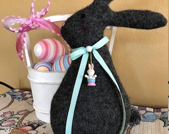Felted Wool Easter Bunny-Fiberfill Stuffed Wool Easter Rabbit-Recycled Wool Sweater-Easter Decoration-Handmade Bunny-Fabric Bunny-Dark Grey