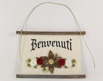 Benvenuti, Italian Welcome, Paper Quilled Welcome Sign, 3D Paper Quilled Banner, Brown Red White Decor, Italy Gift, Italian Welcome Sign