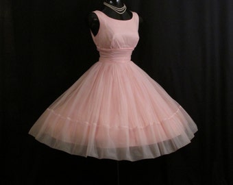 Vintage 1950's 50s Bombshell PINK Ruched Chiffon Organza Party Prom Wedding Dress Gown