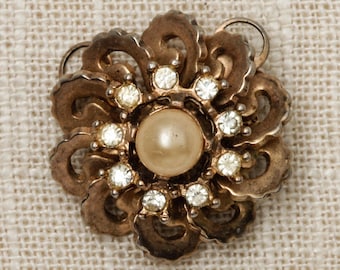 Flower Brooch Vintage Gold Rhinestone Pearl Pendant Broach Vtg Pin 7T