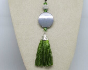 Green Silver Tassel Pendant , Boho Pendant, Beaded Pendant, Pendant Necklace ,Tassel Pendant ,Handmade Jewellery ,Wearable Art ,OOAK,