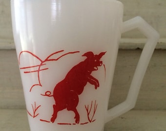 Hazel Atlas Child's Milk Glass Mug Three Little Pigs Nursery Rhymes