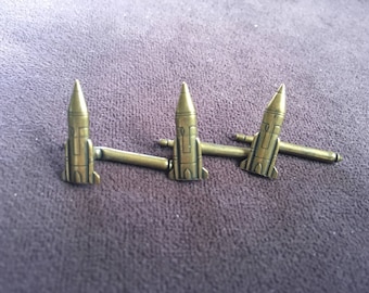 Three Vintage Antiqued Gold Spaceship Tuxedo Shirt Studs 1423