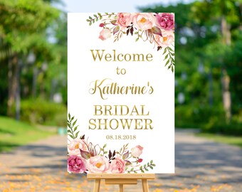 Boho Bridal Shower Welcome Sign Poster Printable, Floral Bohemian Welcome to Bridal Shower Decorations, Gold, Personalized Sign