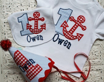Boys or Girls Anchor Nautical Birthday Applique Shirt, Bib and Hat- Free Personalization-- All birthday numbers are available