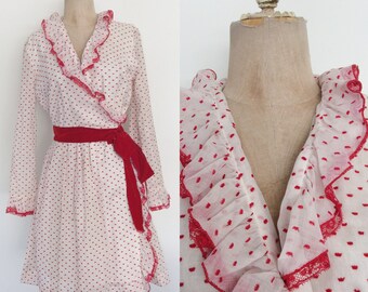 1970's Red Swiss Dot Ruffle Wrap Dress Size Medium by Maeberry Vintage
