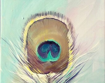 Original acrylic painting, peacock feather painting, blue green, painting, paintings image, 30x30 cm, modern art, abstract image, colourful