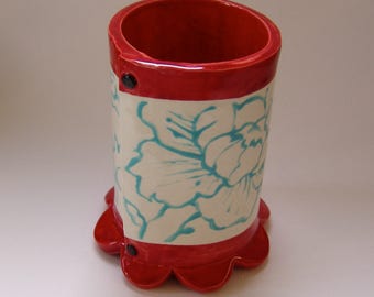 Whimsical pottery Utensil Holder - Vase Pencil Cup home decor, colorful floral red & turquoise ceramic vessel with peonies