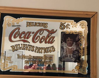 Large vintage Coca Cola mirror , lithograph in wooden frame from the 1970's. Classic Pub Sign!! 39”x27”)