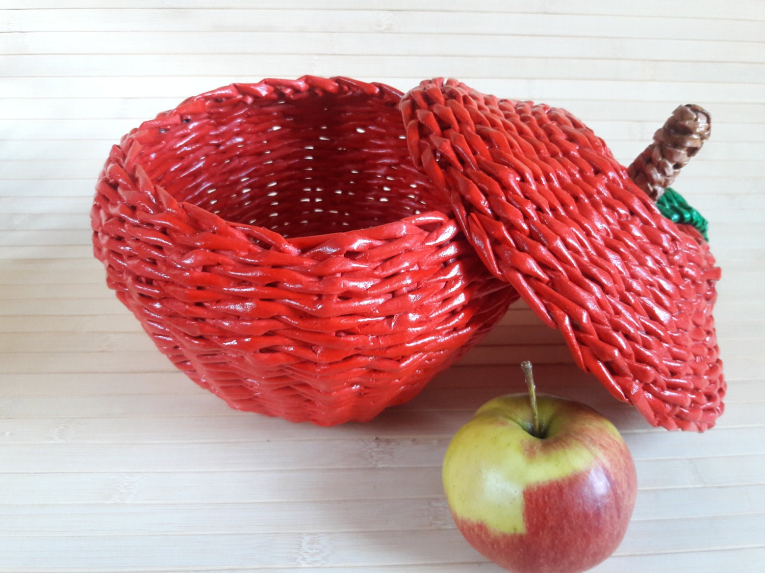 Red wicker storage unique basket Housewarming gift Fruits