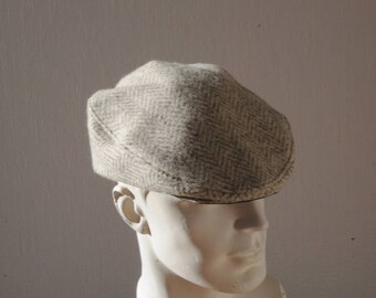 Man cap for winter in ecru and grey herringbone wool, size S, M, L, XL