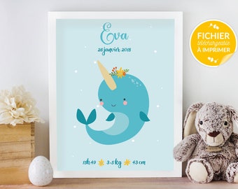 Custom poster, nursery, print yourself - birthday gift, narwhal, sea Unicorn poster