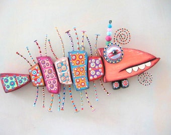 Fish Bones, MADE to ORDER, Original Found Object Wall Sculpture, Wood Carving, Wall Decor, by Fig Jam Studio