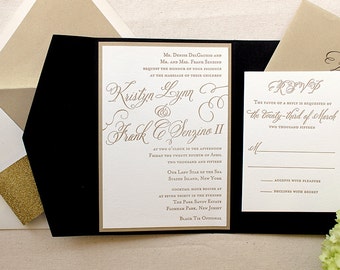 The Begonia Suite - Classic Letterpress Wedding Invitations, Black, Gold, Glitter, Traditional, Timeless, Romantic, Formal, Simple, Vintage