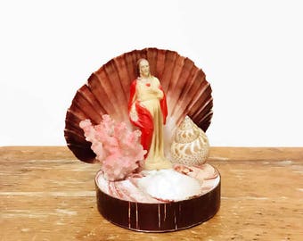 Vintage Holy Water Font, Jesus & Seashells Assemblage, Kitsch, Catholic Gift