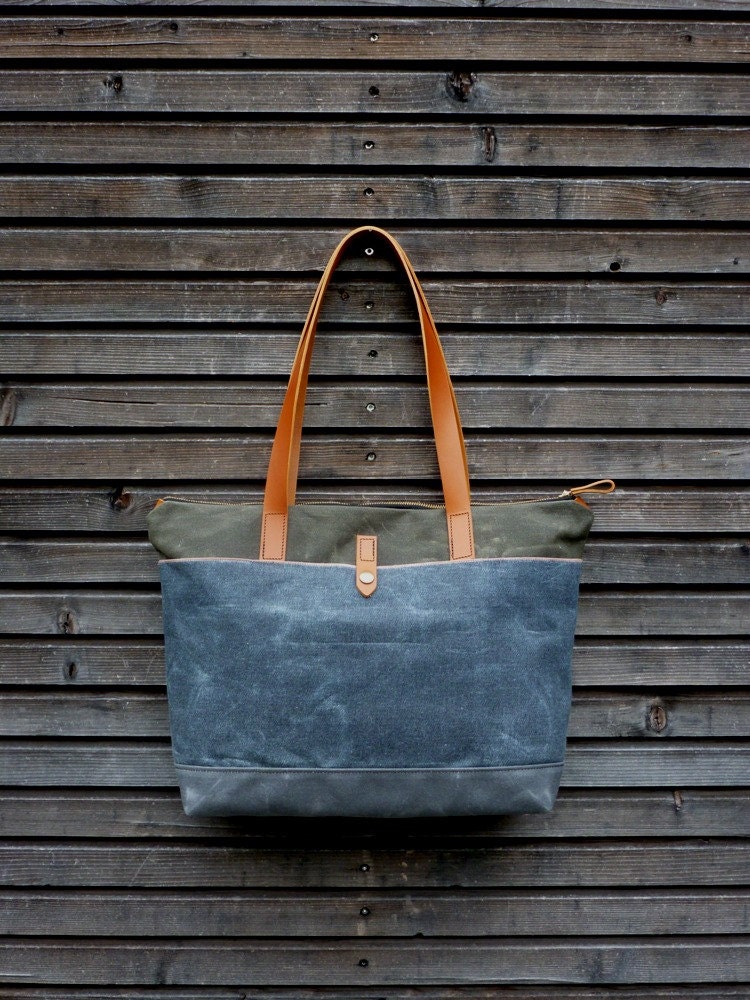 Tote bag in waxed canvas / carry all with leather handles and