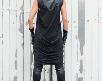 Black Leather Tunic/Asymmetric Long Top/Extravagant Drape Vest/Black Casual Tunic/Loose Tunic Top/Leather Vest/Long Short Tunic/Black Shirt