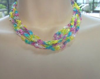 Yellow Pink Turquoise Crochet Ribbon Necklace Adjustable from 17.5" to 28" Long Previously Eighteen Dollars CLOSEOUT SALE
