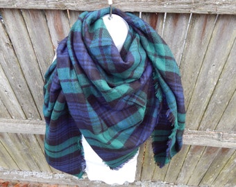 Green / Black / Blue Plaid Blanket Scarf