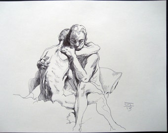 Original drawing male figures embracing