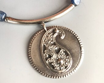 Sterling Silver Paisley Medallion Kyanite Necklace / Kyanite Neckkace / Denim Blue Necklace / Paisley Necklace