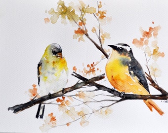 ORIGINAL Watercolor Painting, Colorful Birds With Flowers 8x12 inch