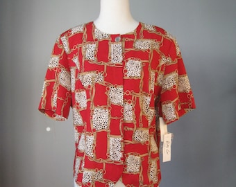 Chain Print Blouse / Vtg 90s / Red Black White short sleeve Baroque Chain print blouse